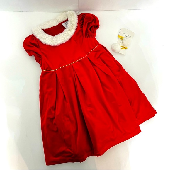 Max Studio Crimson Red Girls Faux Fur Collar Velour Dress With Hair Clip - Picture 1 of 8